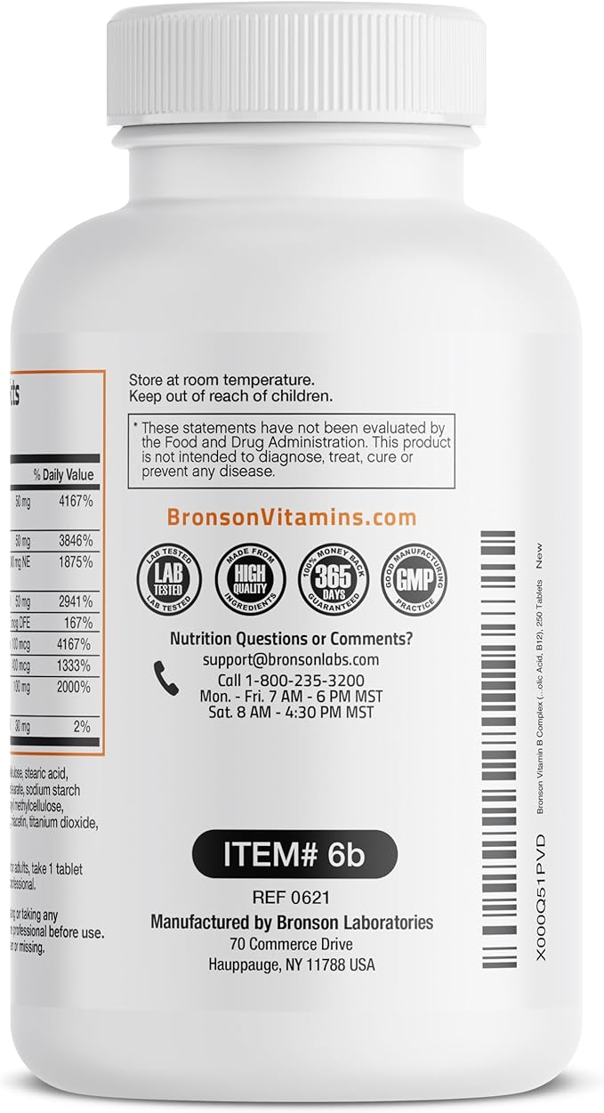 Bronson Vitamin B Complex (Vitamin B1, B2, B3, B3, B6, B6, B9 B9 - B12), 250 250 Tablets