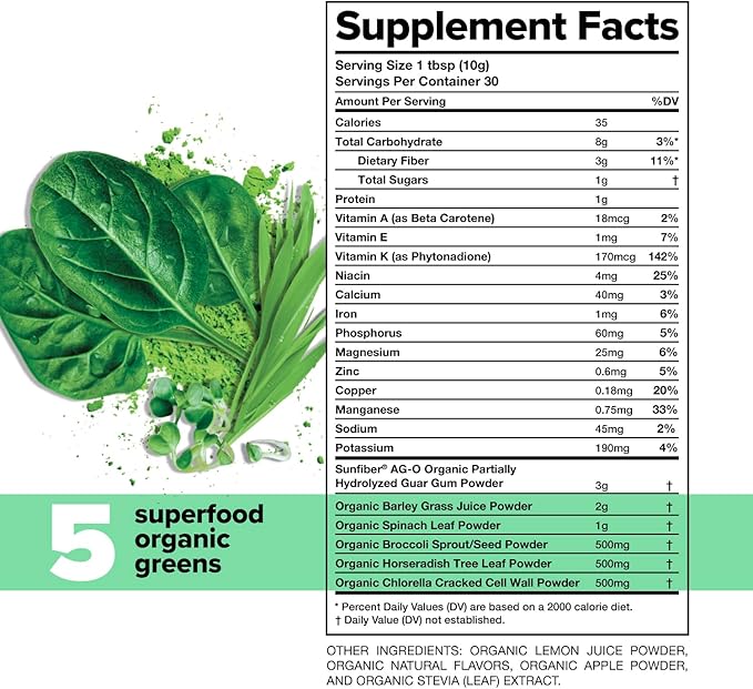 Complement Daily Greens Powder, Super Greens Powder Superfood- Wholefoods, Organic Chlorella Powder, Barley Grass Juice Powder, Broccoli Sprouts- Immune Support, Brain Health, Metal Detox- 30 Servings