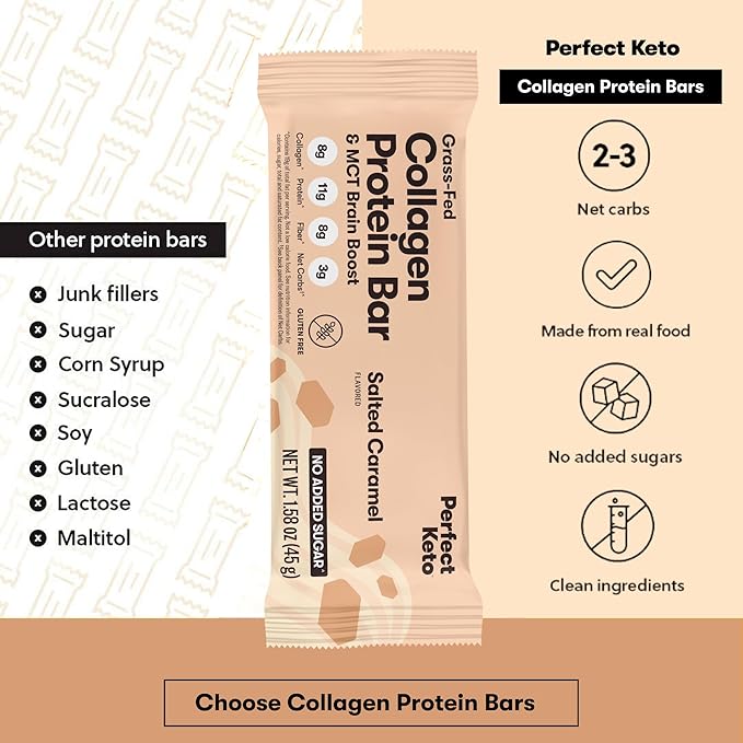 Perfect Keto Collagen Protein Bar, Gluten Free with Grass Fed Collagen + MCT Oil, Low Carb, No Sugar Added, High Protein Snacks, Keto Diet Foods, 10g Protein, 19g Fat, 2g Net Carbs, Salted Caramel, 12 Bars