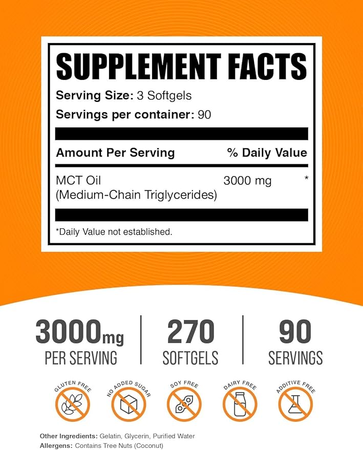 BulkSupplements.com MCT Oil Softgels - Medium Chain Triglyceride, MCT Supplement, MCT Oil 3000mg - for Energy Support, Gluten Free, 3 Softgels per Serving, 270 Count (Pack of 1)