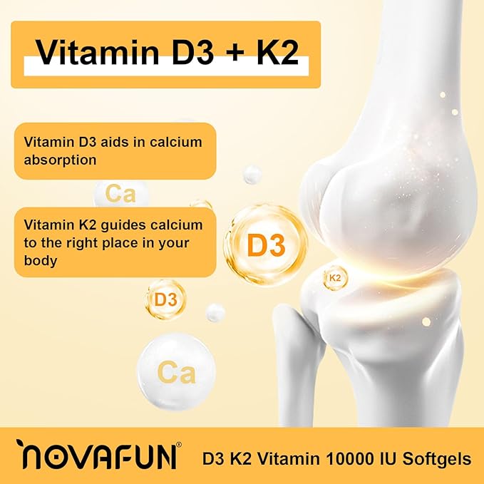 D3 K2 Vitamin 10000 IU + MK-7 200mcg Softgels, K2 D3 Vitamin Supplement with Coconut Oil for Bone, Teeth Health, Support Muscle & Heart Health, 90 Count