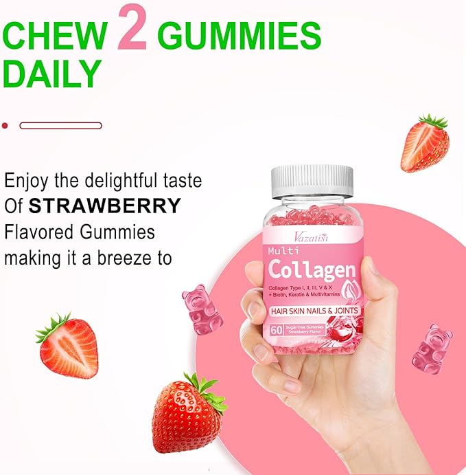 Sugar Free Collagen Gummies for Women 2500mg Collagen 60 Strawberry
