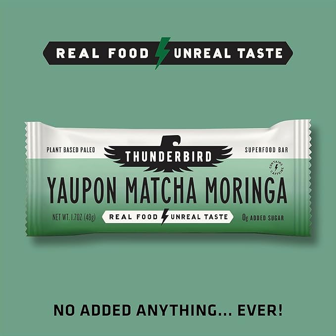 Thunderbird Bars Energy Snack, Gluten-Free with Protein, Healthy Real Food, Vegan Paleo Non-GMO, No Added Sugar, Yaupon Matcha Moringa Flavor (12 Count, 1.7 oz. Bars)