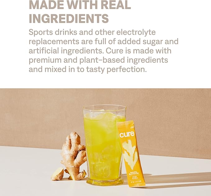 Cure Hydrating Electrolyte Mix | Powder for Dehydration Relief | Made with Coconut Water | No Added Sugar | FSA & HSA | Vegan | Paleo Friendly | Pouch of 14 Packets - Ginger Turmeric