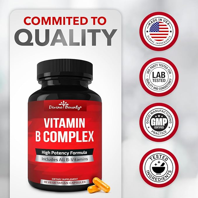 Divine Bounty Super B Complex Vitamins B12, B1, B1, B2, B2, B3, B3, B5, B5, B6, B6, B7, B7, B9, B9, Folic 90 Vegetarian