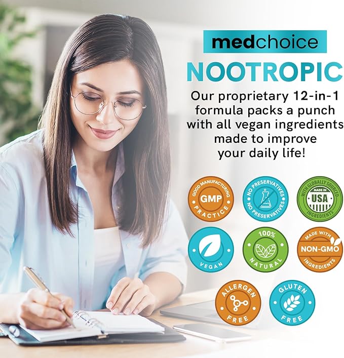 12-in-1 Nootropic Brain Supplement w/ Caffeine Anhydrous: Ginkgo Biloba for Brain Support, Memory & Focus - B12, Alpha GPC, L Theanine & Choline Supplements with Bioperine with 1321mg, 60ct (2 Pack)
