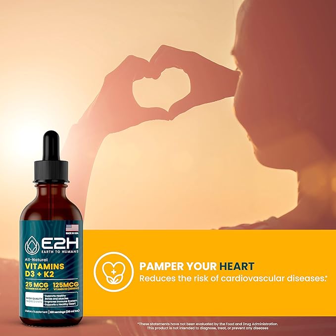 E2H Vitamins D3 & K2 Supplement for Immune Support - Liquid Vitamin D3 5000 IU - Made in The USA - Non-GMO, Vegan - 120 Servings