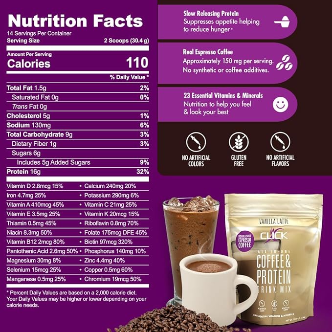 CLICK Coffee Protein Powder 16g Protein 23 Essential 150mg Caffeine