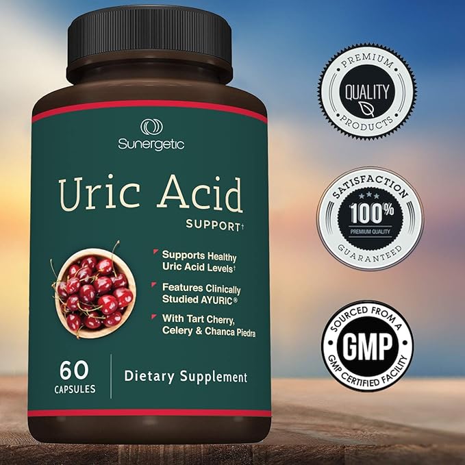 Sunergetic Premium Uric Acid Support Supplement – Uric Acid Cleanse & Kidney Support – Includes Tart Cherry, Chanca Piedra, Celery Extract & Turmeric - Uric Acid Support Formula – 60 Veggie Capsules