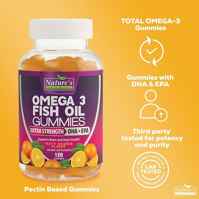 Omega 3 Fish Oil Gummies, Extra 3s DHA 120 Gummies