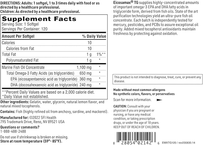Klaire Labs Eicosamax TG Fish Oil Omega-3 Fatty (120 Softgels)