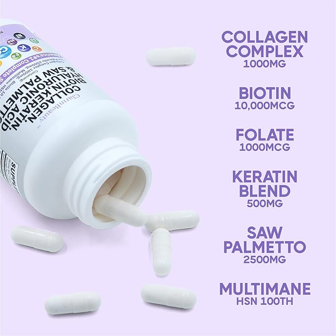 ClarinBeauty 100% Natural Collagen Pills 1000mg 10000mcg Keratin 2500mg Hyaluronic