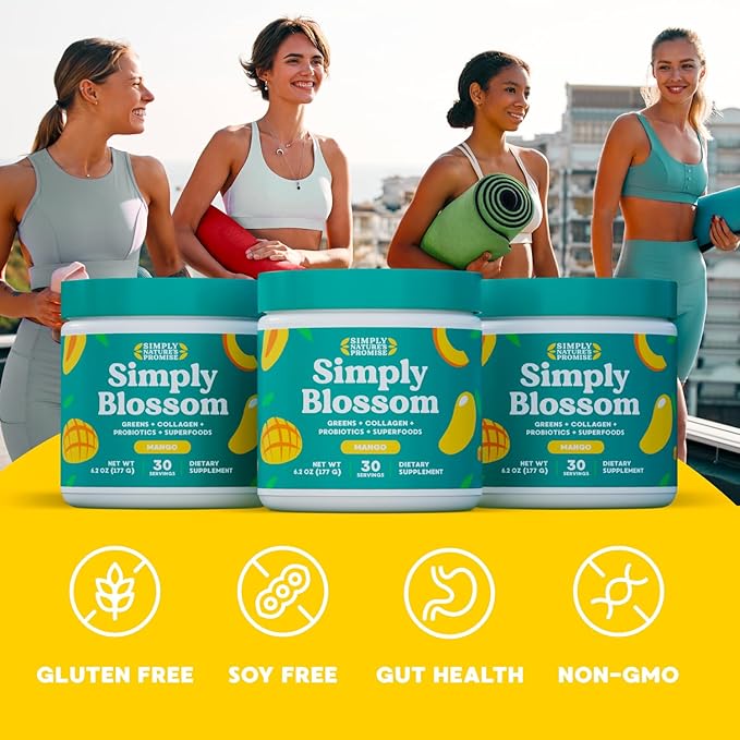 Simply Blossom Nutrition Daily Greens & Superfood Powder + Collagen + Probiotics for Women's Digestive Health & Bloating Relief. Help Your Health Bloom - 2 Month Supply - Mango
