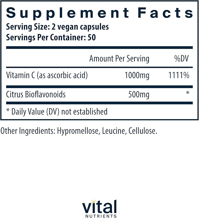 Vital Nutrients Vitamin C with Bioflavonoids 1000mg Vitamin 500mg Citrus 100 Capsules