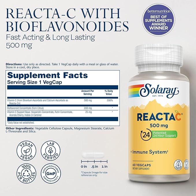 SOLARAY Reacta-C with Vitamin C 500mg 200mg Bioflavonoid 24 Hour 60 Capsules, 60 Servings