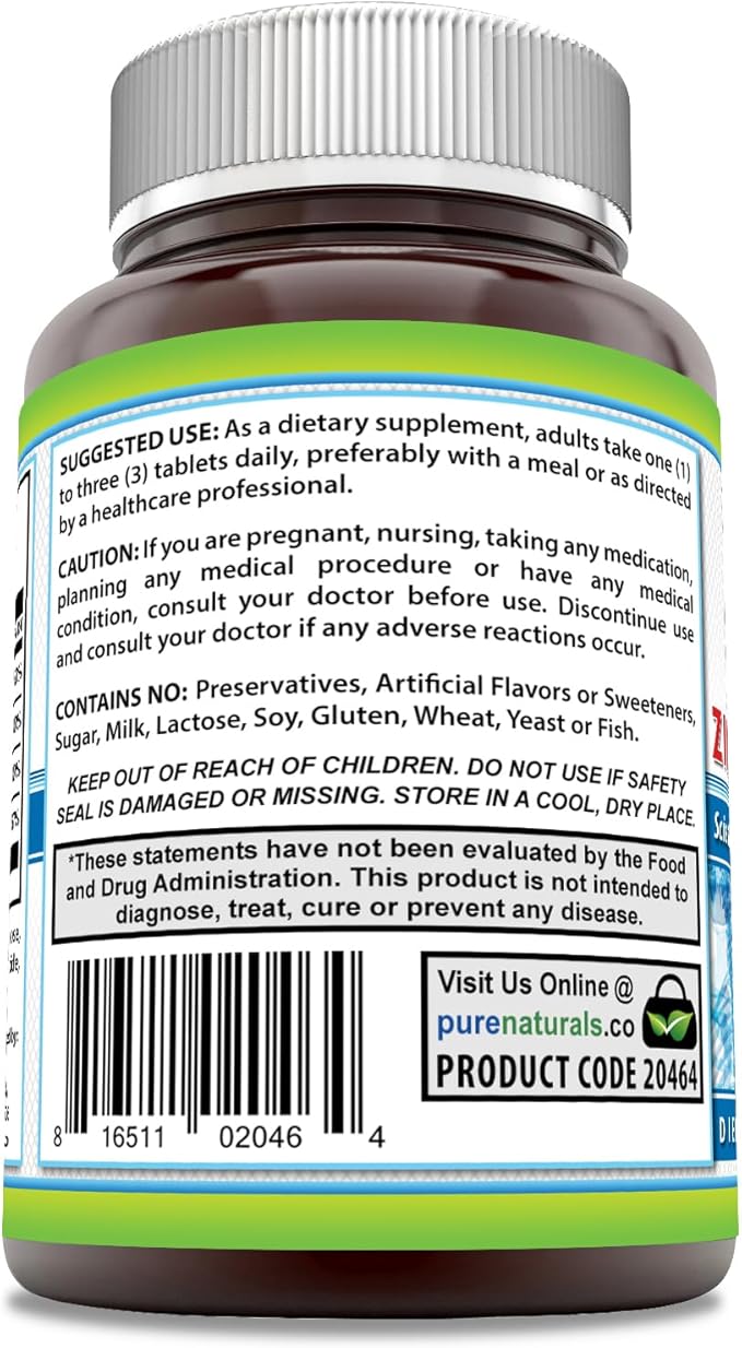 Pure Naturals Calcium Magnesium Zinc Vitamin D3 Supplement 1000mg, Magnesium 400mg, Zinc 25mg, Vitamin D3 600 600 IU (300 Tablets)
