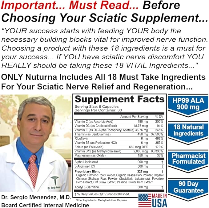Sciatica Nerve Support Supplement with 900 HP-99 Alpha 18 in 1 Natural 180 Capsules