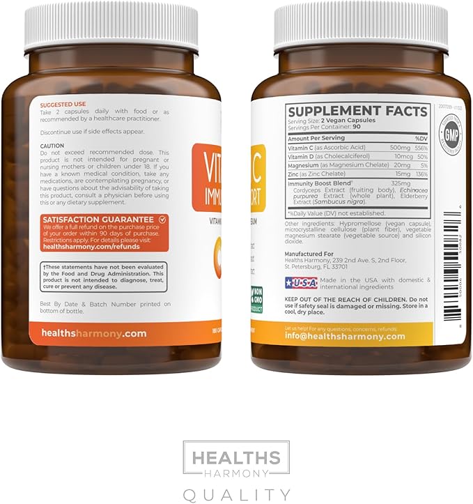 Immune Support Supplement (Non-GMO) Elderberry Vitamin 500mg Immune 180 Vegetarian