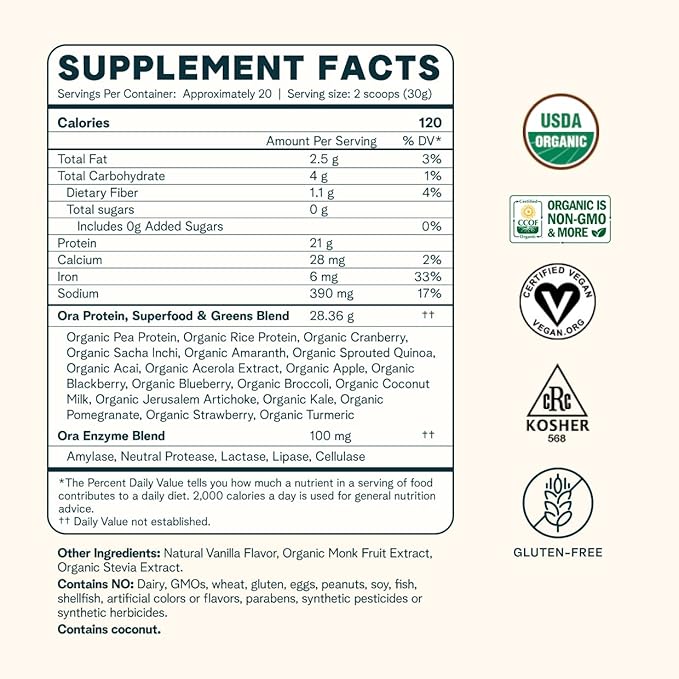 Ora Organic Protein Powder 21g Plant-Based 20 Servings,