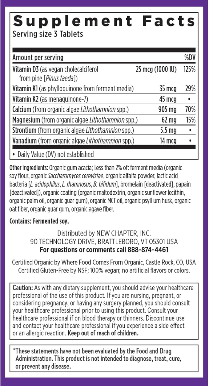 New Chapter Calcium Supplement - Bone Strength Organic Calcium with Magnesium, Vitamin D3+K2, 70+ Trace Minerals for Bone Health, Gluten Free, Easy to Swallow Slim Tablets - 60 Count