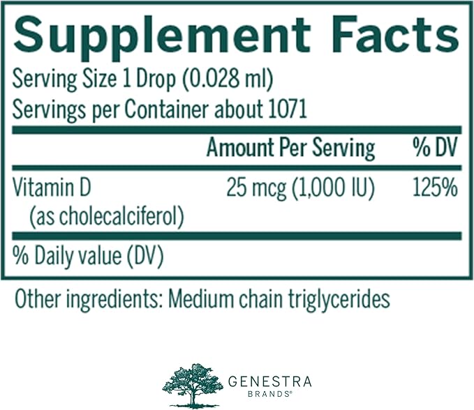 Genestra Brands D3 1000 Drops | Liquid Vitamin D Supplement | 1 fl. oz.