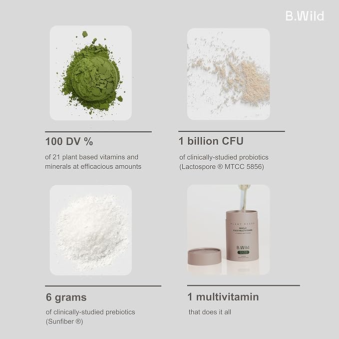 Multivitamin Drink Mix | B.Wild Plant Based Antioxidant Drink | Prebiotics and Probiotics for Digestive Health | Peach Green Tea Flavor - 300 g