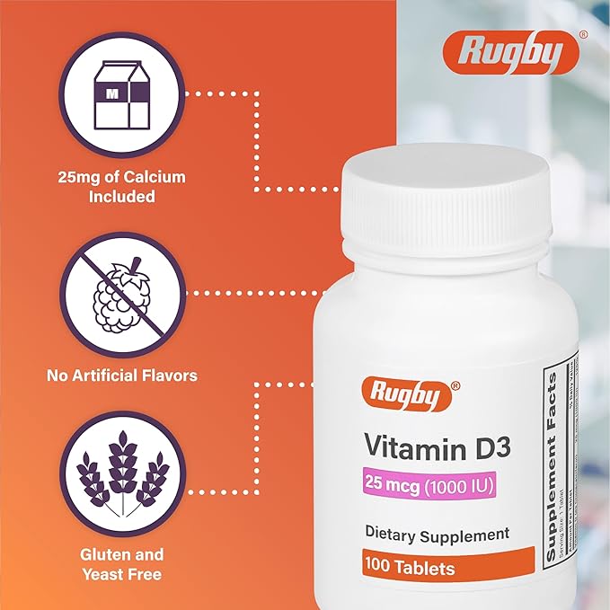 Rugby Vitamin D3, 25 mcg (1,000 IU) - Dietary Supplement - 100 Tablets (1 Pack)