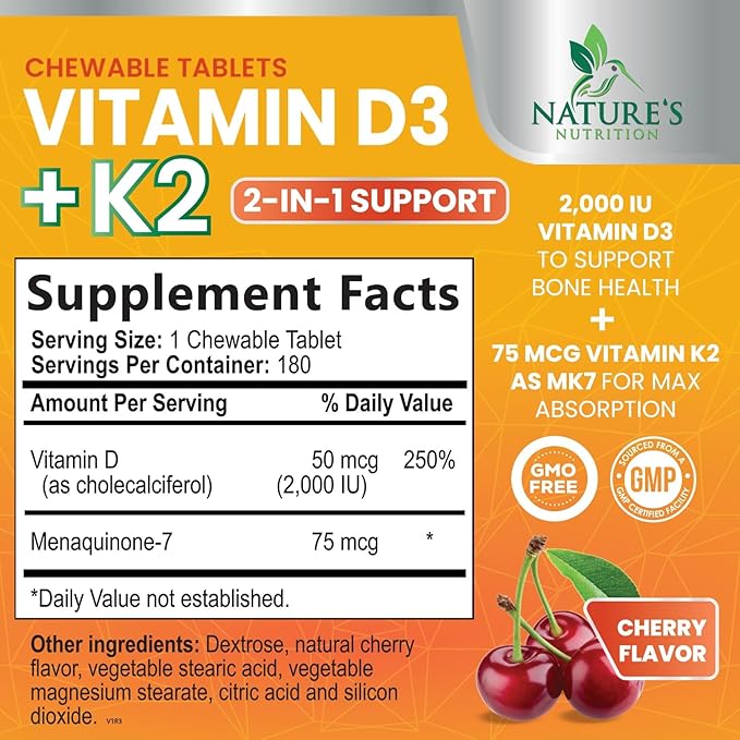 Vitamin D3 K2 as MK-7 2000iu of D3 & 75mcg K2, K2, Vitamin K2 D3 D3 Bone 180 Chewable