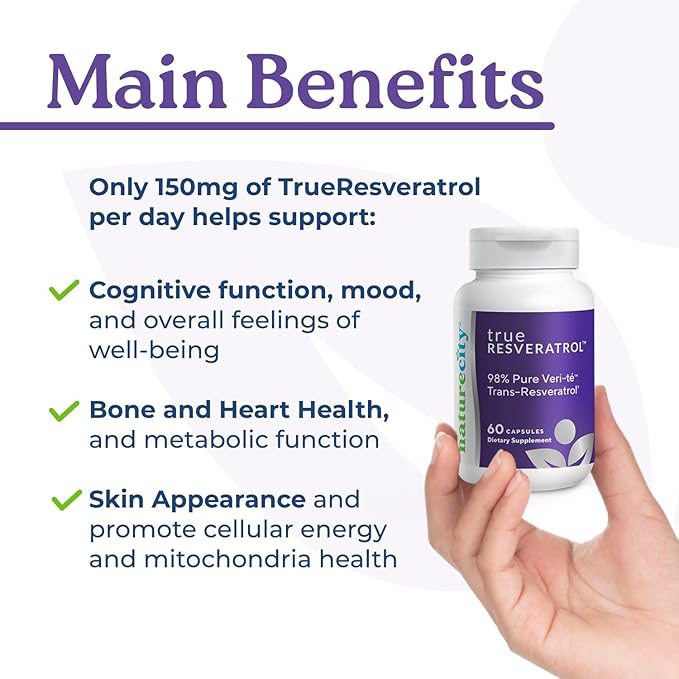 NatureCity TrueResveratrol – Resveratrol Supplement & Anti-Aging Support with 75mg Trans-Resveratrol (98% Pure Veri-te) for Heart, Immune, Bone & Cognitive Health | 60 Veggie Capsules