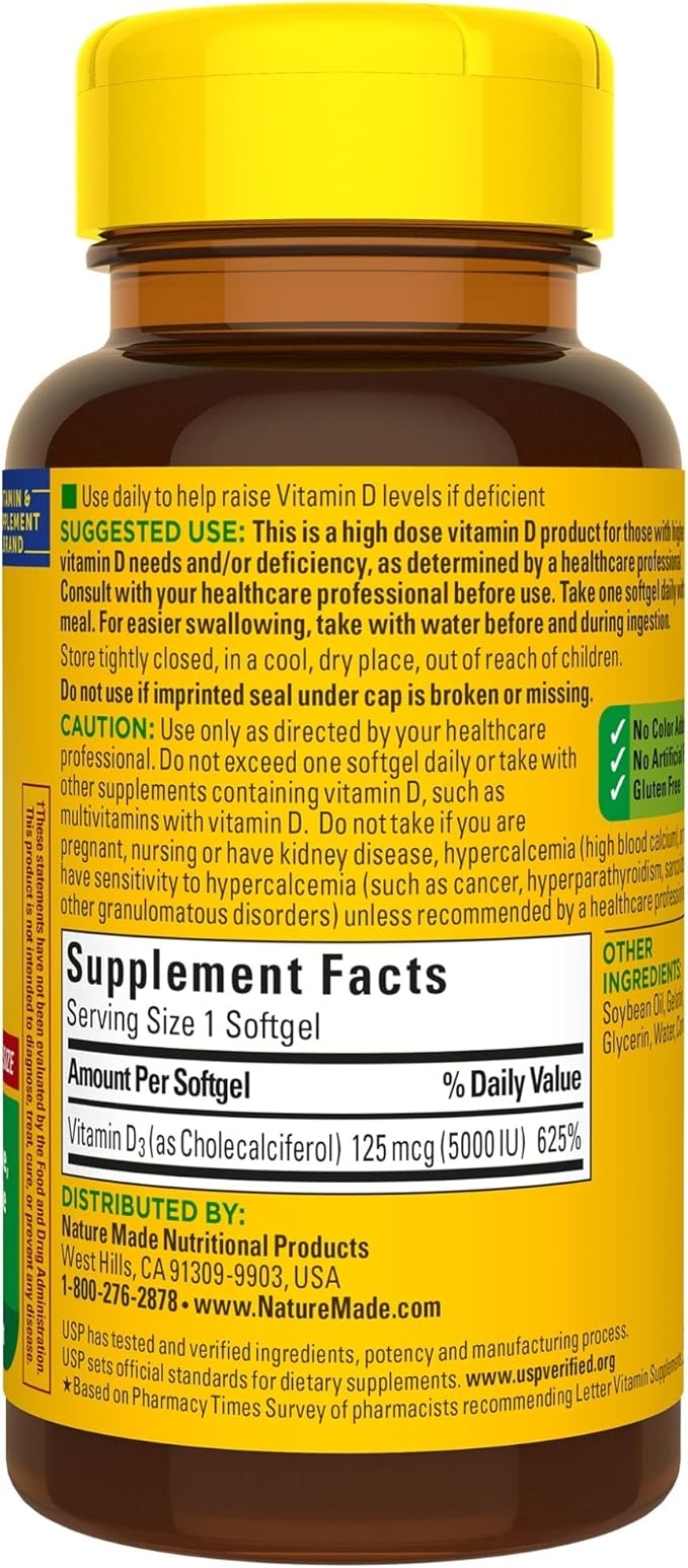 Nature Made Extra Strength Vitamin D3 5000 IU (125 mcg), 180 Softgels, 180 Day