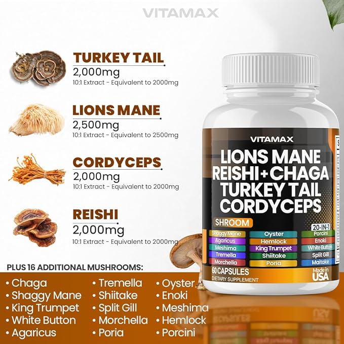 Lions Mane Mushroom 3000mg Turkey Tail 2000mg Chaga & Reishi 1000mg Cordyceps Shiitake White Elm King Trumpet Nameko Oyster Porcini Focus & Energy - Made in USA - 2-Pack (120ct)