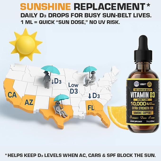 HERBIFY Vitamin D3 10000 IU - Made in USA Liquid Vitamin D Drops - Bone Strength and Immune Support Supplement - Sunshine Replacement - D3 Vitamin Bone and Teeth Supplement - 2 Oz