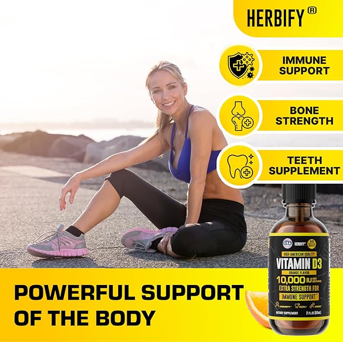 HERBIFY Vitamin D3 10000 IU - Made in USA Liquid Vitamin D Drops - Bone Strength and Immune Support Supplement - Sunshine Replacement - D3 Vitamin Bone and Teeth Supplement - 2 Oz