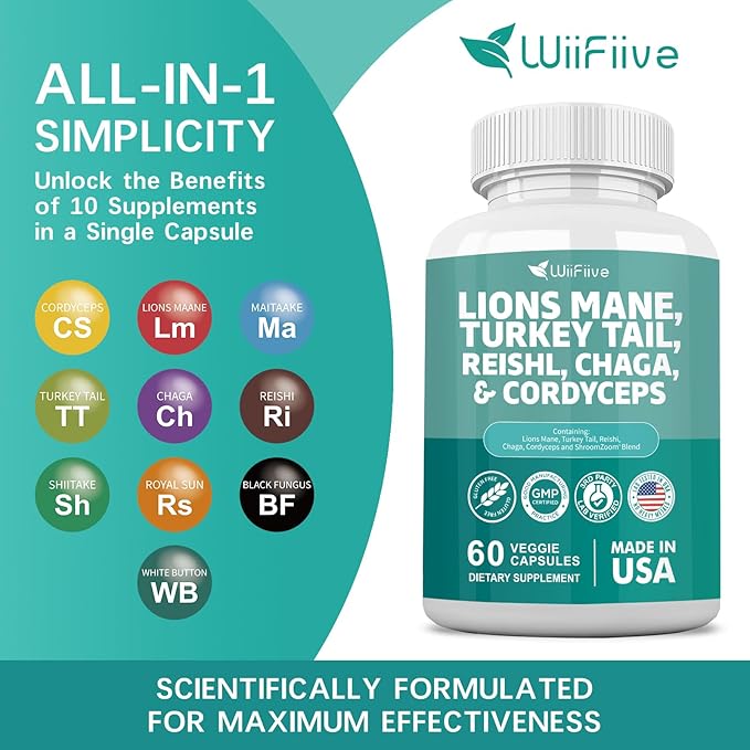 Lions Mane 3000mg Turkey Tail 3000mg 1000mg Chaga 1000mg Cordyceps 60 Capsules