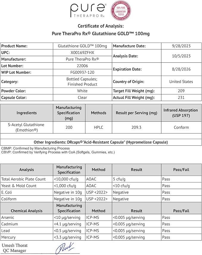 S-Acetyl Glutathione GOLD 120 Acid 100mg Per 2-4 Month
