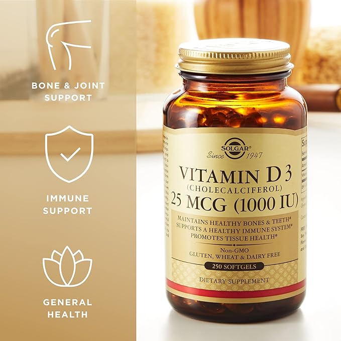 Solgar Vitamin D3 (Cholecalciferol) 25 MCG (1000 IU), 250 Softgels 250 Servings