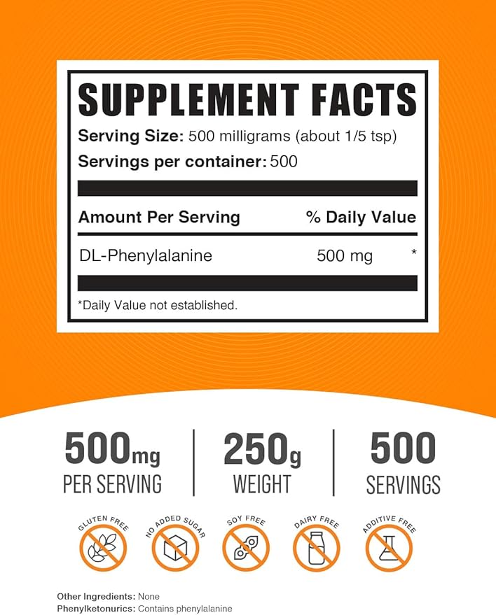 BulkSupplements.com DL-Phenylalanine Powder - DLPA Powder, DL-Phenylalanine 500mg - DLPA Supplements, Amino Acid - Gluten Free, 500mg per Serving, 250g (8.8 oz) (Pack of 1)