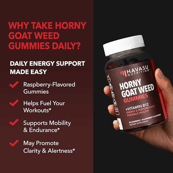 Horny Goat Weed Gummies with Vitamin B12 - Energy, Endurance & Performance Support for Men and Women - Enhanced with B12 Vitamins for Mood & Male Health Support - 60 Raspberry Vegan Gummies