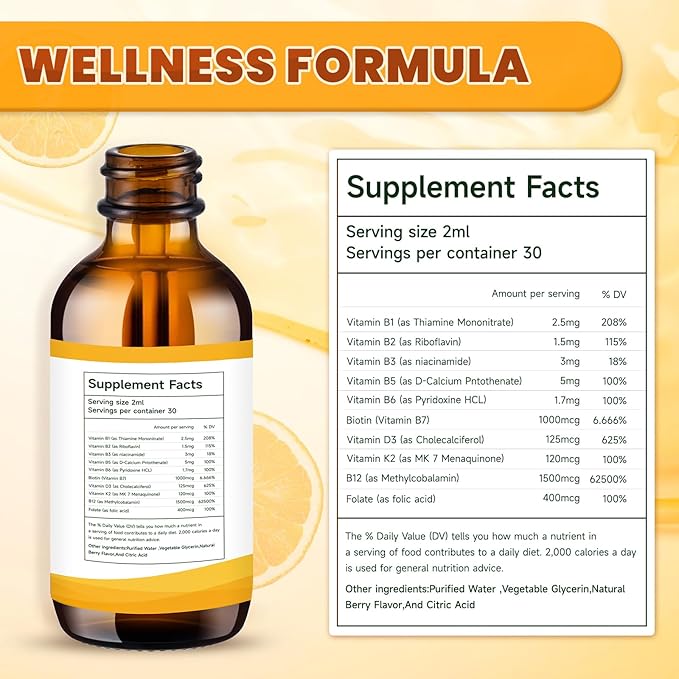 Vitamin B Complex Liquid Drops B B1, B2, B2, B3, B3, B6, B6, B7, B7, B12 B12 Biotin D3+K2 Supports 2 fl.