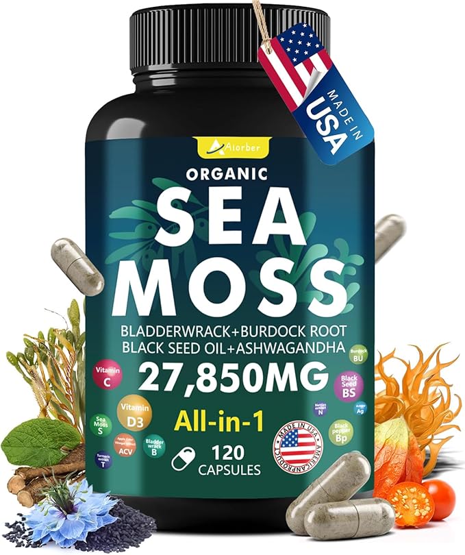 Sea Moss Capsule Complex with Sea Moss, Black Seed Oil, Aşhwagandha, Ginger & Vitamins C, D3-120 Capsules,Superfood Supplements - Advanced Seamoss Pills, Wild Sea Moss Pills, Made in USA