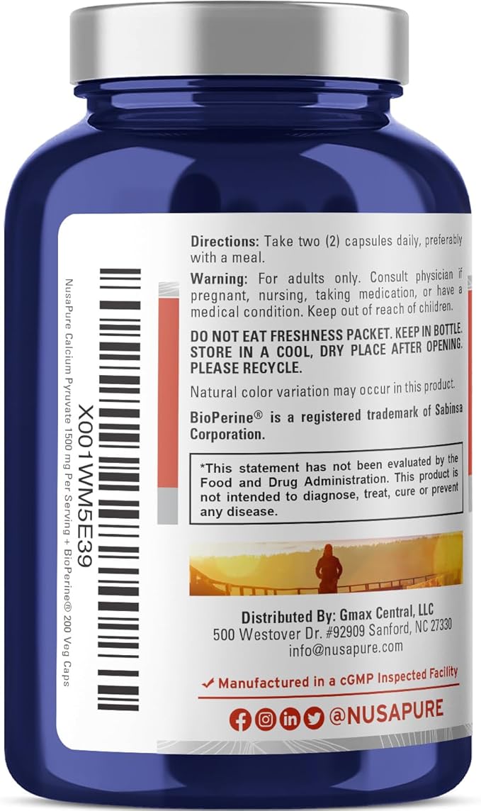 NusaPure Calcium Pyruvate 1500mg 200 Vegetarian Caps (Non-GMO, Vegan) - 750mg per caps
