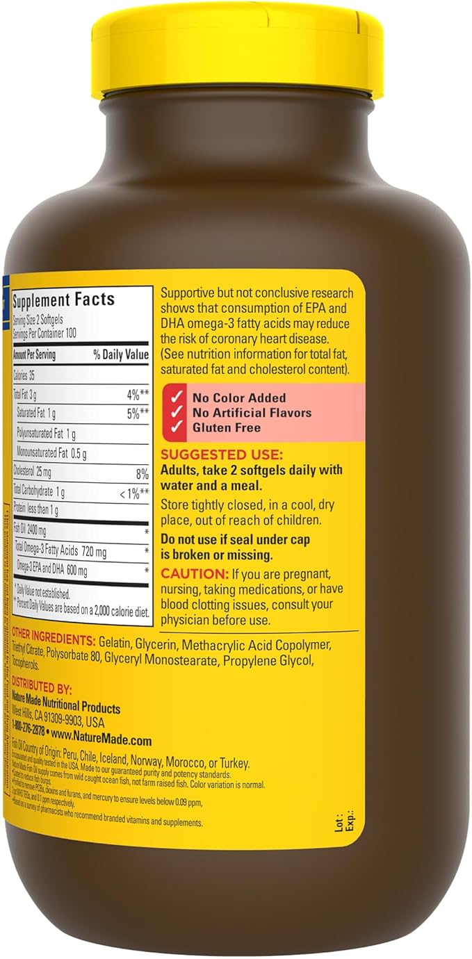 Nature Made Burp Less Fish Oil 1200 mg, 3 Fish 3 Supplement 200 Softgels, 100 Day