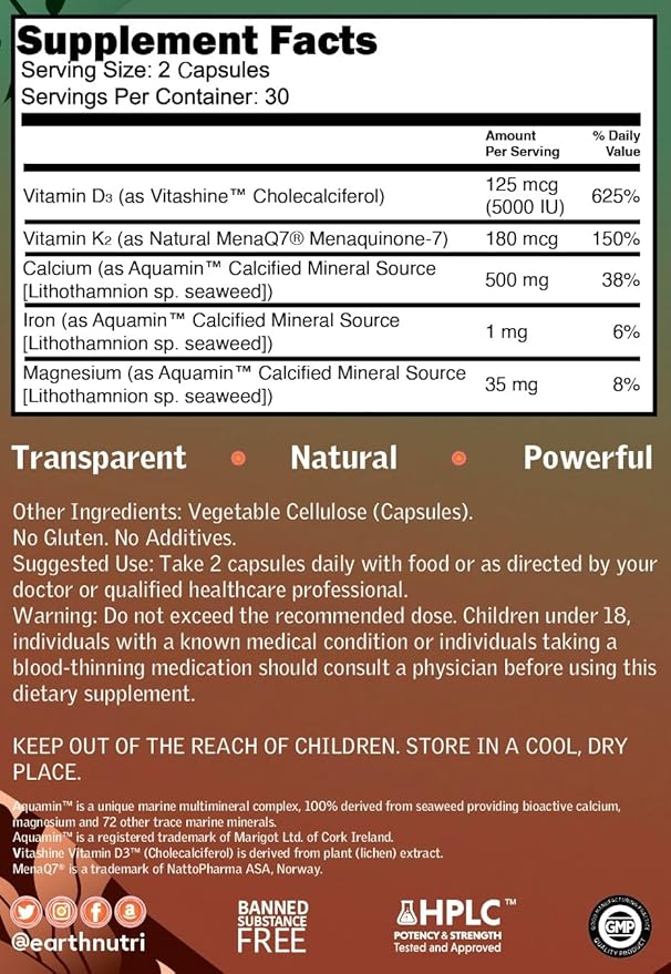EarthNutri D3 + K2 + 72 D3 from K2 from Q7, Calcium 60 Veg