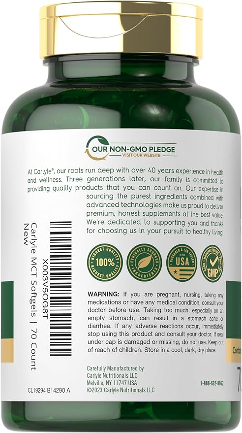 Carlyle MCT Oil Capsules 3600 mg | 70 Softgels | Keto Coconut Oil Pills | Non-GMO & Gluten Free Supplement