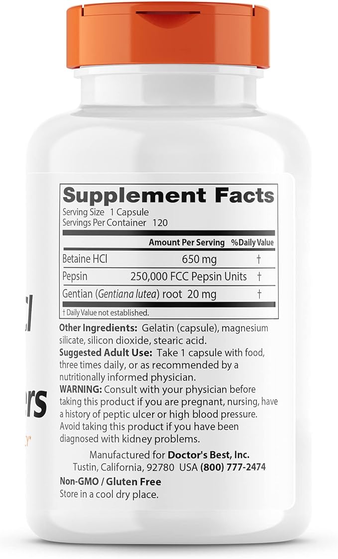 Doctor's Best Betaine HCI Pepsin & 120 Caps,
