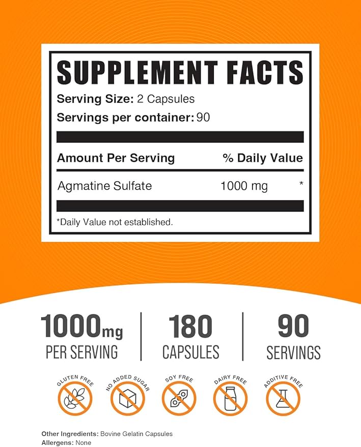 BulkSupplements.com Agmatine Sulfate Capsules - Nitric Oxide Supplement, Agmatine Sulfate 1000mg - Gluten Free, 2 Capsules per Serving, 180 Capsules (Pack of 1)