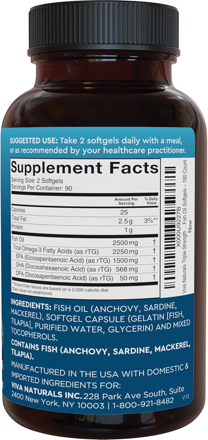 Triple Strength Omega 3 Fish Oil Supplement 2500 mg 3 Fatty 180 Pescatarian-Friendly