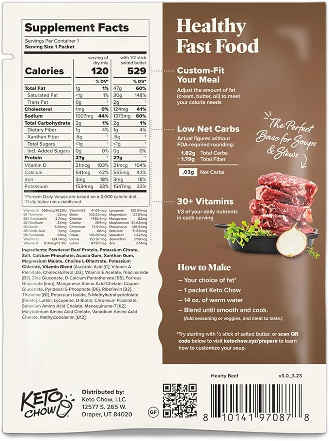 Keto Chow Hearty Beef - Keto Meal Replacement Soup Powder - Nutritionally Complete - Low Carb - Delicious Easy Meal Substitute - Protein Rich You Choose The Fat - Single Meal Sample