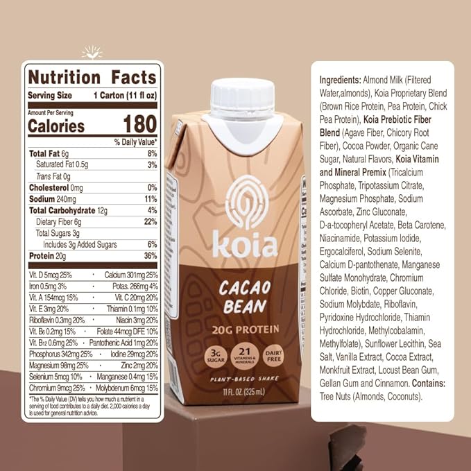 Koia - Plant Based Protein Shake 20g Protein, 3g Sugar, 6g Prebiotic 21 Vitamins 11 fl 12 Bottles