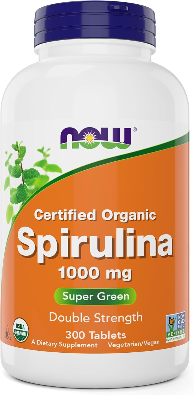 NOW Foods Organic Spirulina 1000mg Tablets 300 Count 1000 mg B-12 and